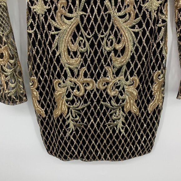 Akira Dress Black Gold Embroidered Sequin Long Sleeve Mock Neck - Picture 6 of 13